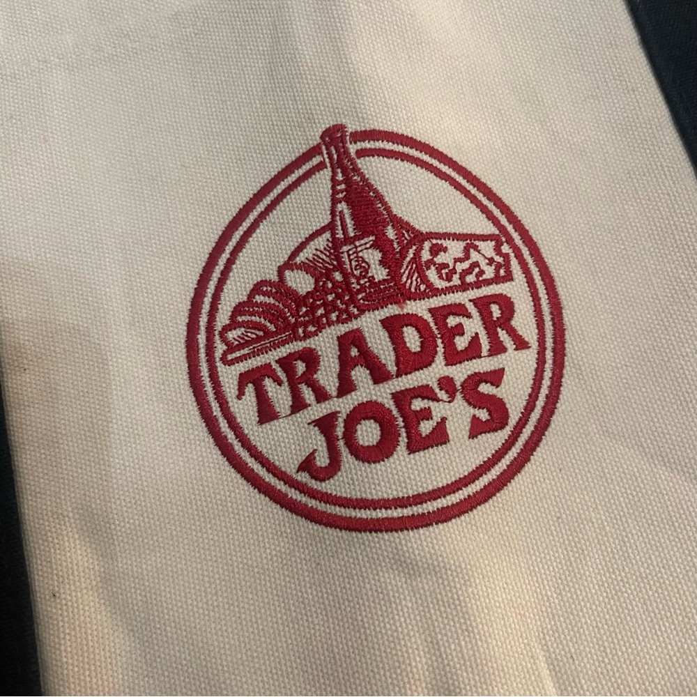 Trader Joe’s Large Canvas Reusable Tote Cream Navy Red Logo NWT - Picture 2 of 4